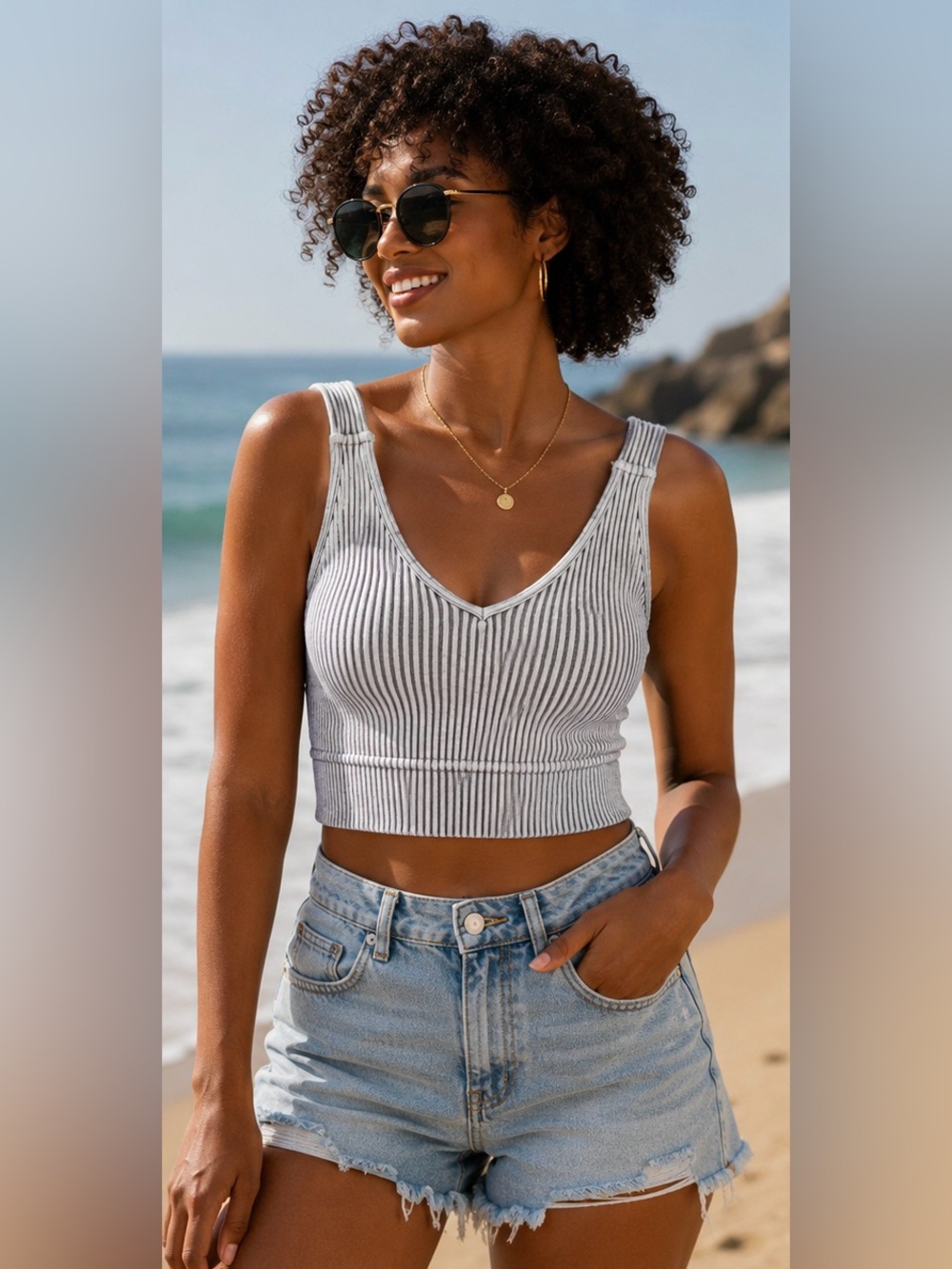 🆕 Lt Grey Ribbed Mineral Washed V-Neck Padded Brami Tank Crop Top